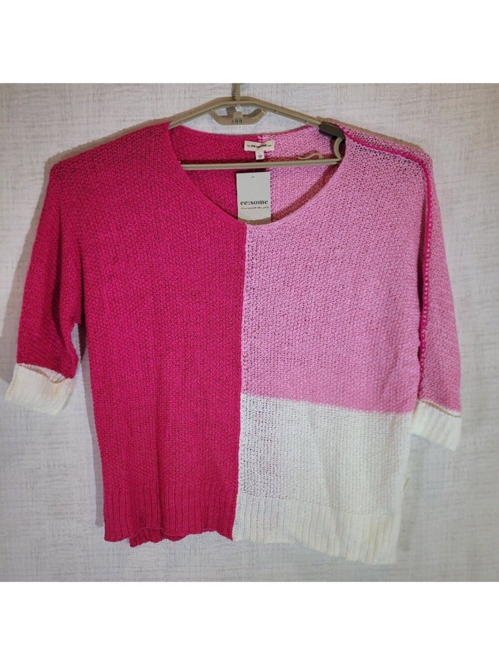 NWT Knit Sweater Womens Large Pink Colorblock 3/4 Sleeve Pullover Ee:some